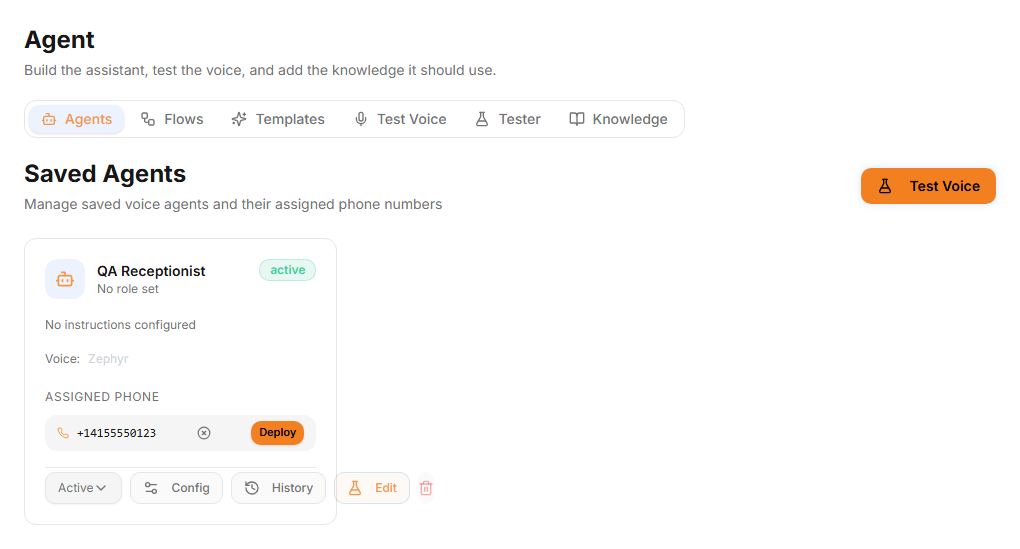 CloudVoice Saved Agents workspace with a QA Receptionist agent and Test Voice button