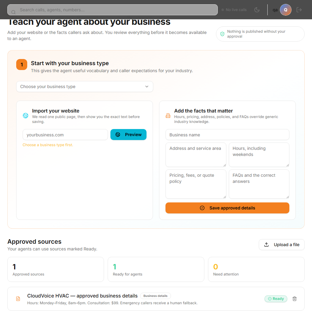 CloudVoice Business Brain showing an approved business details source marked Ready