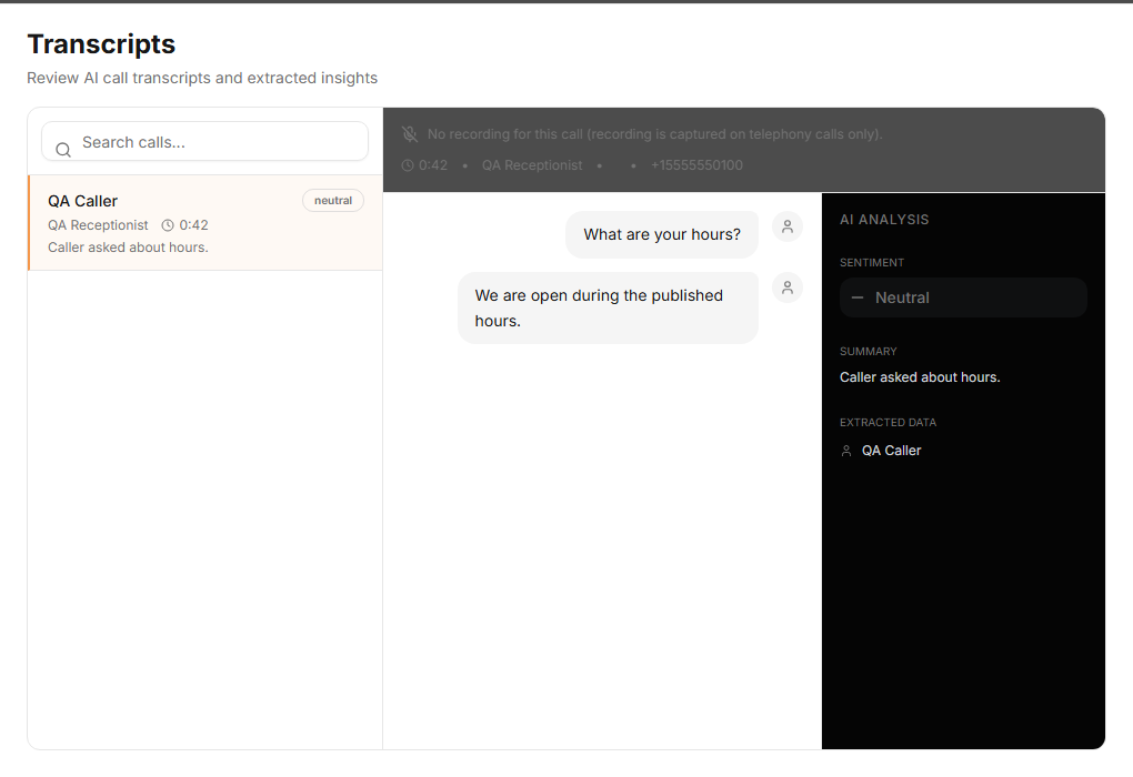 CloudVoice Transcripts workspace showing a caller question, assistant answer, and call analysis