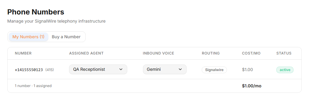 CloudVoice Phone Numbers workspace showing an inbound number and Gemini engine selection