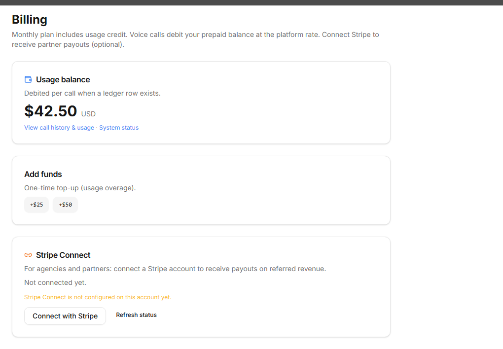 CloudVoice Billing workspace showing a prepaid usage balance and top-up controls